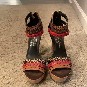 Jessica Simpson cheetah print, red, brown heels